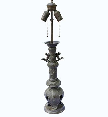 19th C Japanese Bronze Lamp Meiji Period. Measures Approx. 28 1/4" x 5" x 5". All items must be 