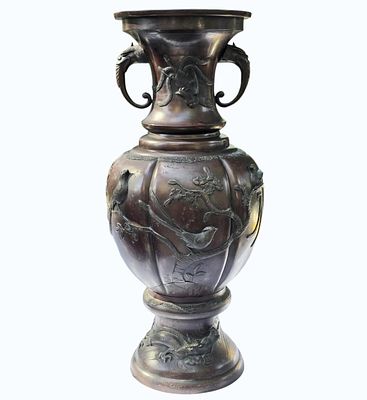 Monumental 19th C Japanese Bronze Vase Decorated w/Birds & Dragons. Monumental 19th C Japanese 