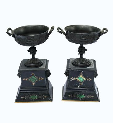 Pair of 19th C Antique French Mounted Bronze Compotes. Measures Approx. 9 1/2" x 6 1/4" x 4 