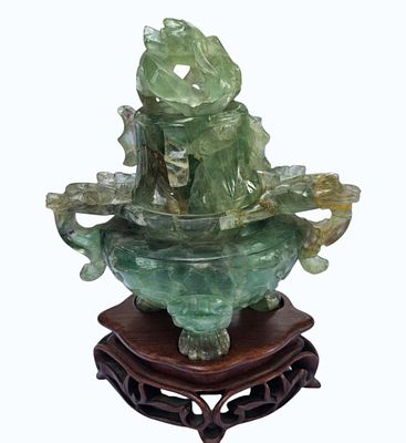 Chinese Carved Quartz Tripod Censer Lamp on Hardwood Stand (some chips present). Measures 
