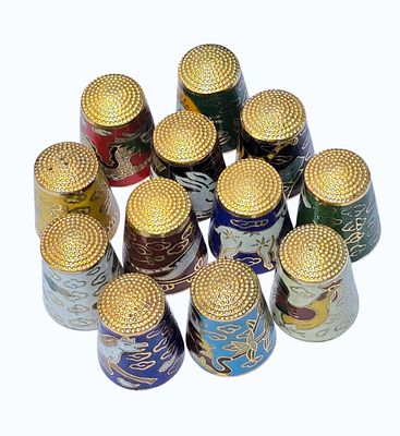 Lot Of 12 Vintage Chinese Cloisonne Thimbles Decorated With Animals. Measure 1" X 3/4". All 