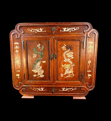 Rare and fine Antique hardwood Chinese table top cabinet with inlaid mother of pearl. Rare and 