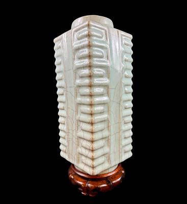 Antique Qing dynasty Chinese Cong form porcelain vase in ge crackle glaze design. Measures 12” 