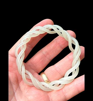 A Fine And RARE Chinese antique triple interwoven carved white nephrite jade bangle bracelet. Ast 