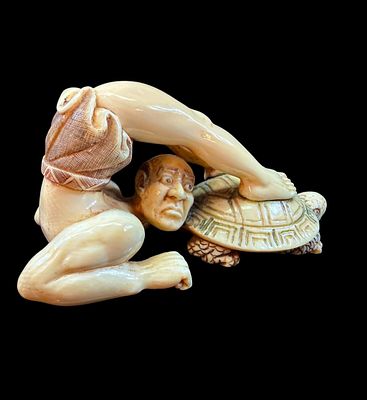 Rare Japanese Meiji era circa 1880&acirc;€“900 carved bone okimono of a wrestler and turtle, signed. Ra 