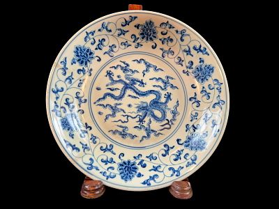 Antique Chinese blue and white dish with dragon and a rolling tenrils with mark. Antique Chinese 