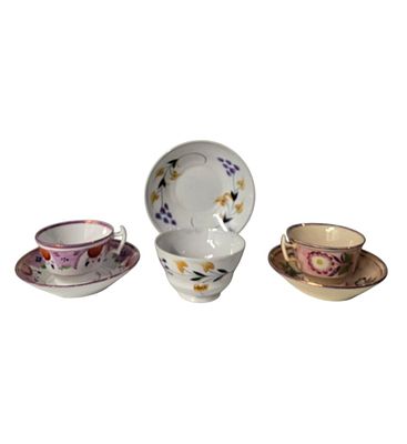 Lot Of 3 Staffordshire Cups And Saucer 1820-1840 Various Sizes. All items must be retrieved or 