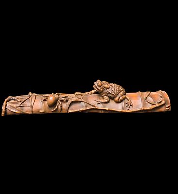 A Very Fine Carved Boxwood Frog On Bamboo With Insects. Measures 9 3/4" X 1 3/4" X 1.5". All 