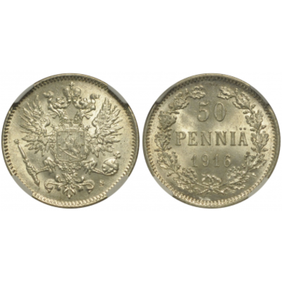 50 ПЕННИ 1916 ГОДА. "S". ННР MS66. 50 пенни 1916 года. Гельсингфорсский монетный двор. "S". 