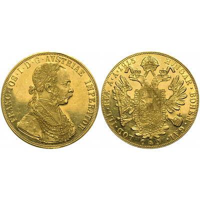 4 дуката 1915 года. Австрия. Рестрайк. AU-UNC PL. 4 дуката 1915 года. Австрия. Рестрайк. Золото 