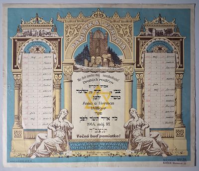 לוח יארצייט, מהתקופה שאחרי השואה - פוסטר צבעוני מודפס, לזכר נרצחים בשואה - סלובקיה, תש"ו בערך 