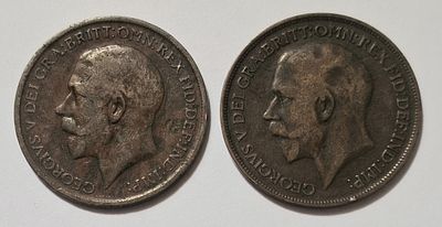 2 מטבעות 1 פני - בריטניה, 1911-1918. צמד מטבעות "פני" בריטי (One Penny): 
שנים: 1911 ו-1918. 