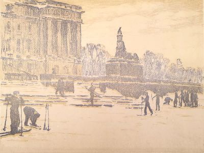 [Печатная графика] Ванеев Петр Иванович (1911-1995). "Ленинград. У Академии художеств", 1947 г. 