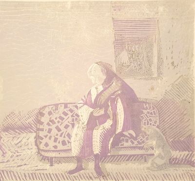 [Печатная графика] Зусман Леонид Павлович (1906-1993). В комнате. Бумага, цветная линогравюра. 
