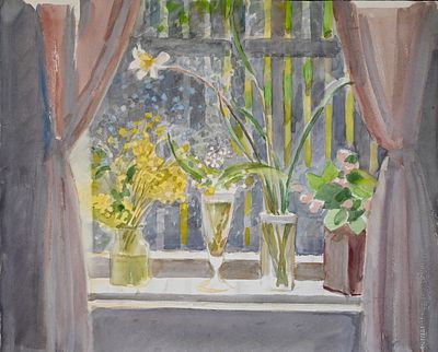 Бруни Иван Львович (1920‒1995). Окно. Цветы. Б/д. Бумага, акварель. 46&times;56 см. На обороте сверху 