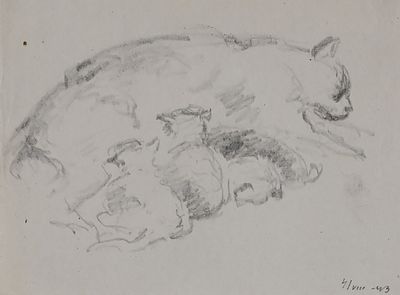 Зефиров Константин Клавдианович (1879‒1960). Кошка с котятами. 1943. Бумага, карандаш. 8&times;11/29 