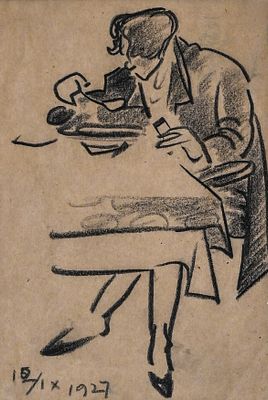 Пашков Павел Павлович (1872‒1952). В. Лебедев за обедом. 1927. Бумага, уголь. 12&times;9/32&times;22 см. 