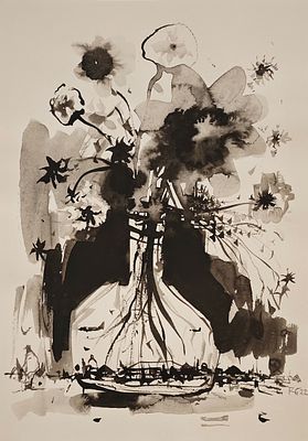 Батынков Константин Александрович (род. 1959). Цветочки в бутылке. 2022. Бумага, тушь. 41,5&times;29 