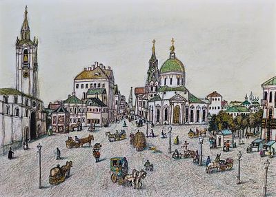 Бедина Алла Игоревна (род. 1950). В старой Москве, Страстная площадь. 2007. Бумага, карандаши 