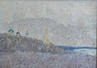 Биргер Борис Георгиевич (1923— 2001). Пейзаж с церковью. 1978. Деревянный планшет, масло. 33&times;46 