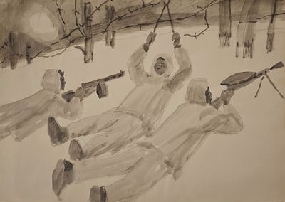 Вечерский Юлий Михайлович (род. 1933). Солдаты. 1970-е гг. Бумага, тушь, кисть. 58,5&times;84 см. Юлий 