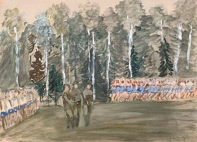 Аксельрод Меер Моисеевич (1902—1970). Лагерь. 1932. Бумага, гуашь. 36&times;49,5 см. В правом нижнем 