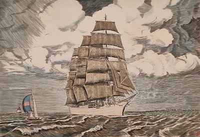 Алексеев Владимир Фёдорович (1944—2010). Барк &laquo;Седов&raquo;. 1982. Бумага, офорт, акварель. 34,7&times;43,1 