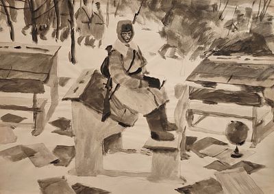 Вечерский Юлий Михайлович (род. 1933). Солдат с книгой. Б/д. Бумага, тушь. 59&times;84 см. Юлий 