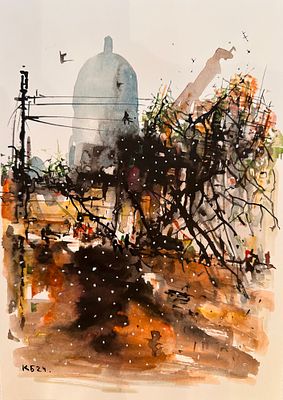 Батынков Константин Александрович (род. 1959). Первый снег. 2024. Бумага, акварель, тушь. 29 