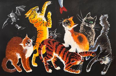 Аврутис Хаим Абрамович (1928—2007). Кошки дерутся за рыбу. Бумага, акварель, тушь, белила. 22&times;33 см.