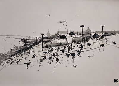 Батынков Константин Александрович (род. 1959). Лыжники. 2010. Бумага, акрил. 60&times;85 см. Внизу 