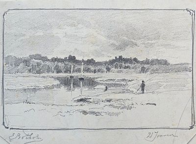 Волков Ефим Ефимович (1844—1920). На берегу речки. 1890-е. Бумага, графитный карандаш. 15&times;20,8 