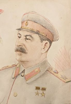 [Соцреализм] Джапаридзе Уча Малакиевич (1906—1988). Портрет И. В. Сталина. Бумага, акварель 