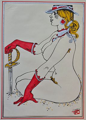 Калачёв Спартак Владимирович (1930—1994). Мушкетёрша. Б/д. Бумага, тушь, перо, маркер. 29,5&times;20 