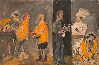 Конышева Натта Ивановна (1935—2022). В столовой. 1979. Картон, масло. 33,6&times;49,2 см. Вверху 