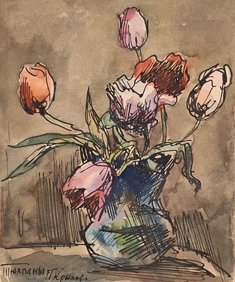 [Кукрыниксы] Крылов Порфирий Никитич (1902—1990). Тюльпаны. Б/д. Бумага, акварель, тушь, перо. 