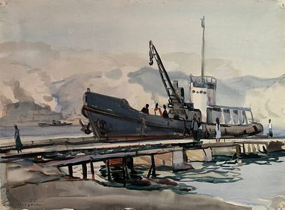 Месропян Багдасар Аветисович (1913—2002). У пристани. 1955. Бумага, акварель. 36&times;49 см. Внизу 