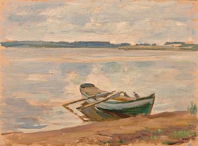 Пичугин Сергей Иванович (1881—1971). Пейзаж с лодкой. Б/д. Картон, масло. 23,3&times;31,5 см. На 