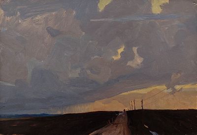 Пластов Николай Аркадьевич (1930—2000). Вечерний пейзаж с мотоциклистом. Начало 1960-х. Картон 
