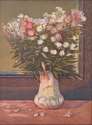 Смирнов Фёдор Иванович (1923—1988). Натюрморт с цветами. 1946. Бумага, цветная линогравюра. 