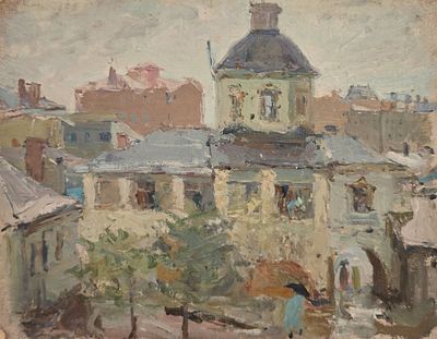 [Москва] Чебаков Никита Никанорович (1916—1968). Зачатьевский в грозу. 1949. Картон, масло. 