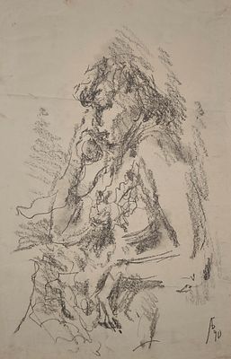 Бух Арон Фроимович (1923—2006). Телефонный разговор. 1990. Бумага, соус. 49 &times; 31,5 см. Размер 