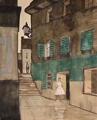 Васин Александр Андреевич (1915—1971). Улочка. Б/д. Бумага, акварель, сухая пастель. 51 &times; 41,5 