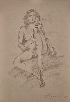 Гороховский Эдуард Семёнович (1929—2004). Сидящая обнажённая. 1999. Бумага, карандаш. 49 &times; 34,5 