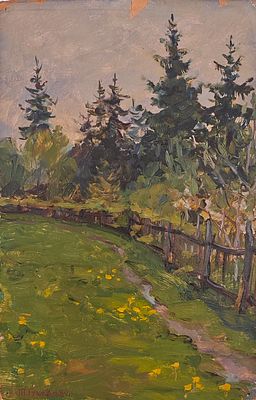 Гусева Тамара Петровна (1918—2002). Пейзаж. 1980. Картон, масло. 38,5 &times; 25 см. Внизу слева: 