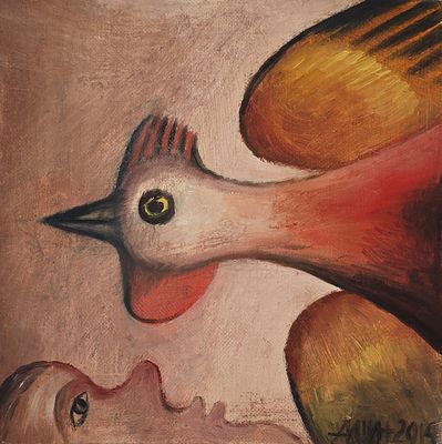 Ишин Александр Владимирович (1941—2015). Красный петух. 2014. Холст, масло. 30 &times; 30 см. Внизу 