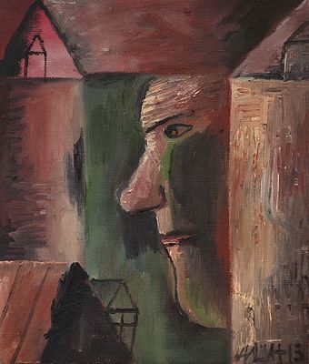 Ишин Александр Владимирович (1941—2015). Лицо среди домов. 2013. Холст, масло. 36 &times; 30 см. 