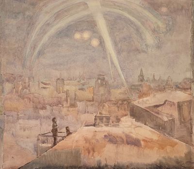 Коновалова Александра Сергеевна (1889—1952). На крыше. 1941. Бумага, акварель. 42 &times; 48,5 см. На 