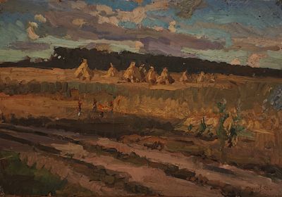 [Кукрыниксы] Крылов Порфирий Никитич (1902—1990). Сельский пейзаж. 1952. Доска, масло. 34 &times; 49 