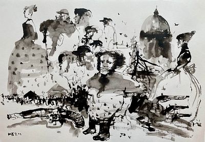 Батынков Константин Александрович (род. 1959). &laquo;Пушкин 4&raquo;, 2024. Бумага, акварель, тушь, кисть. 